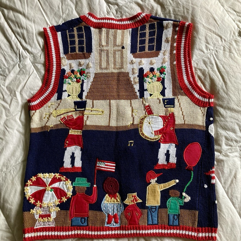 Vtg 1996 Eagles Eye Hand Knit Sweater Vest 3D Americana Marching Band USA Med - Picture 5 of 16